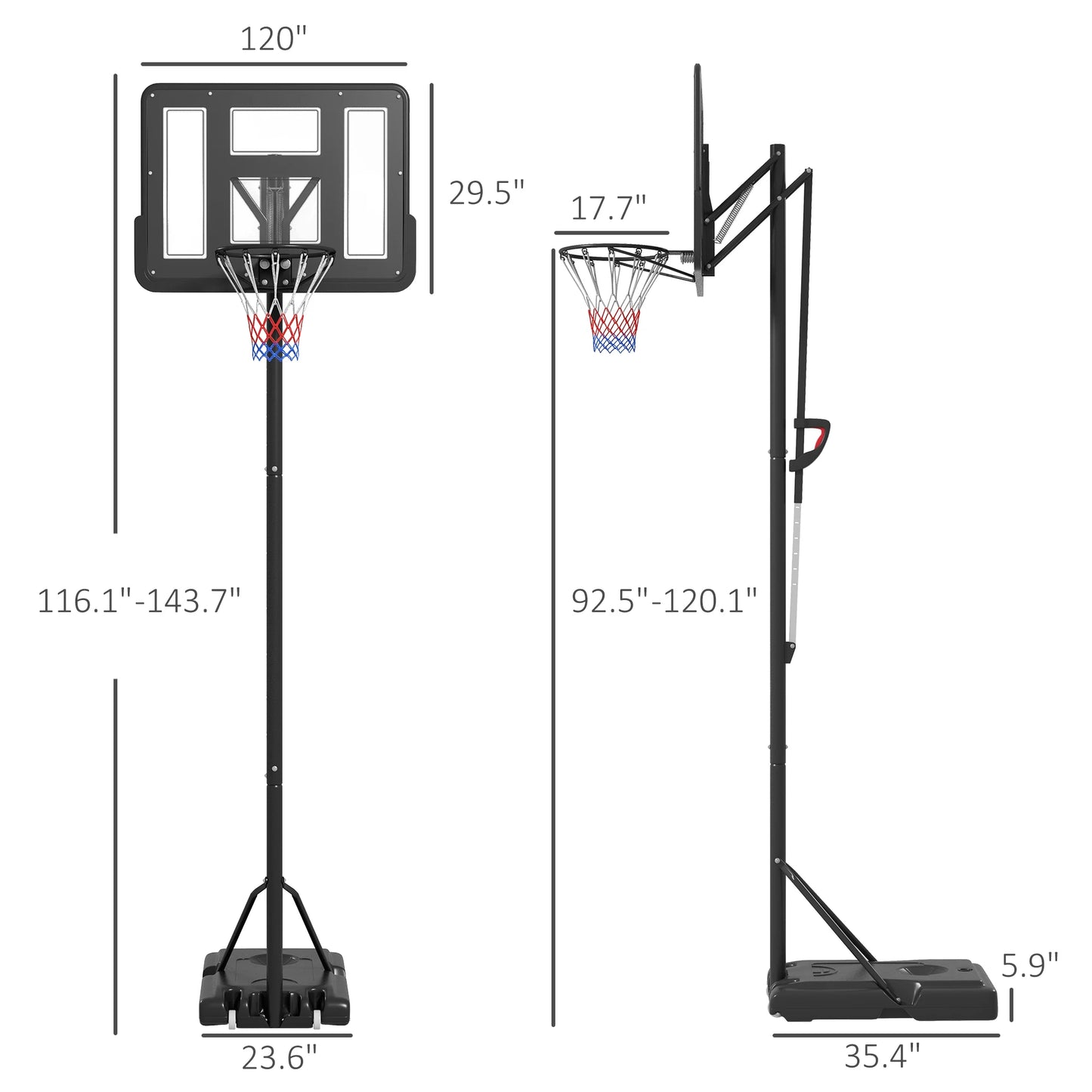 Soozier 7.7-10ft Portable Basketball Hoop with 43'' Shatterproof Backboard