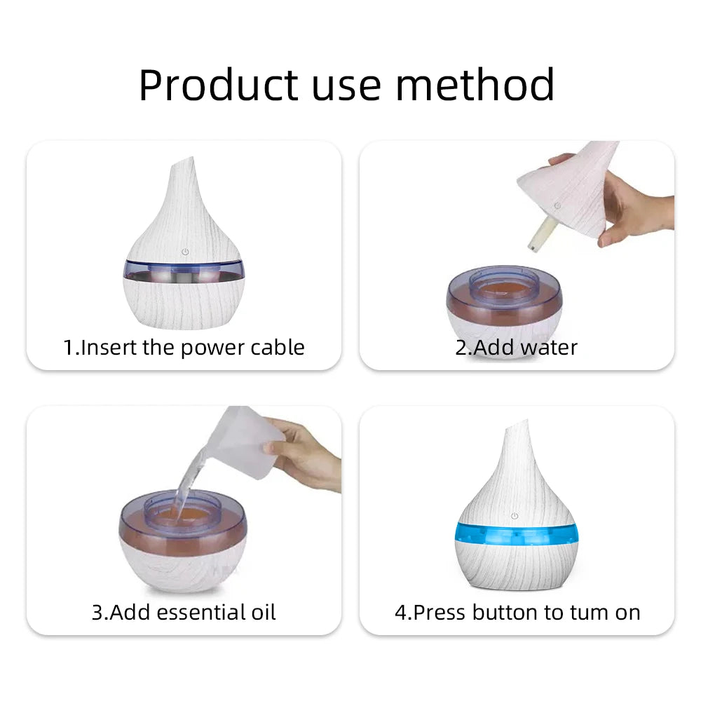300ml USB Essential Oil Diffusers Ultrasonic Air Humidifier with 7-Color LED lights Cool Mist Maker for home bedroom