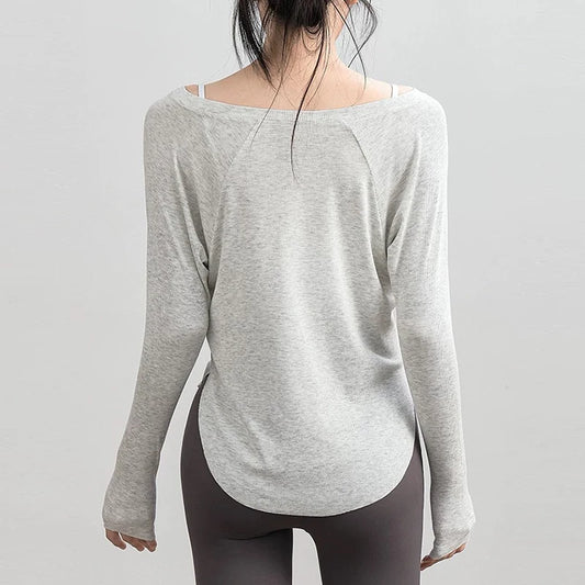 Women's yoga sports T-shirt, Modal ribbed yoga long sleeved outdoor sports loose top slimming yoga T-shirt cover
