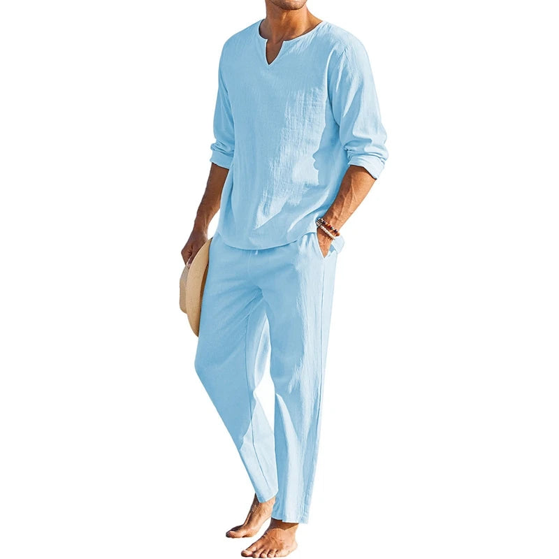 Men's Summer Cotton Linen Clothes Solid Color Long Sleeve Henley Shirt and Elastic Waist Drawstring Pants 2 Pieces Loungewear Set