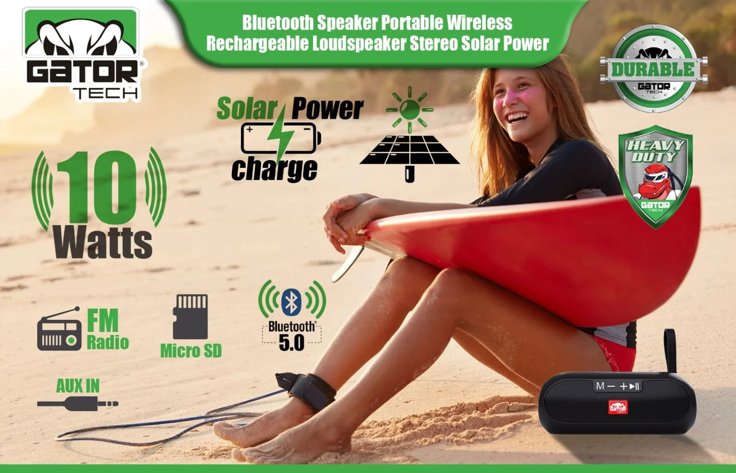 Solar Bluetooth Speaker Wireless Portable Power Stereo Bass USB SD FM Radio LOUD