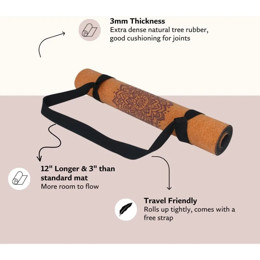 Chakra Cork Yoga Mat - Extra Long & Wide, Non Slip, Non Toxic, Great for Yoga, Pilates & Workout (84 x 27 x 2mm Thick)