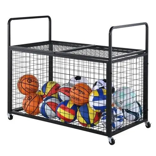 Lockable Rolling Sports Ball Storage Cart Double Lid Steel Organizer for Gym Garage Outdoor Use
