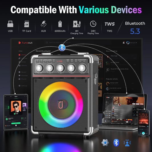 FanFun Karaoke Speaker, Bluetooth Speaker with 2 Microphones and LED Light, Portable Wireless Speaker, Outdoor Party Speaker