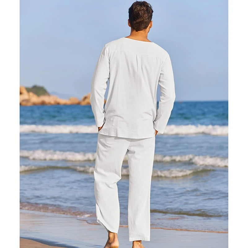 Men's Summer Cotton Linen Clothes Solid Color Long Sleeve Henley Shirt and Elastic Waist Drawstring Pants 2 Pieces Loungewear Set