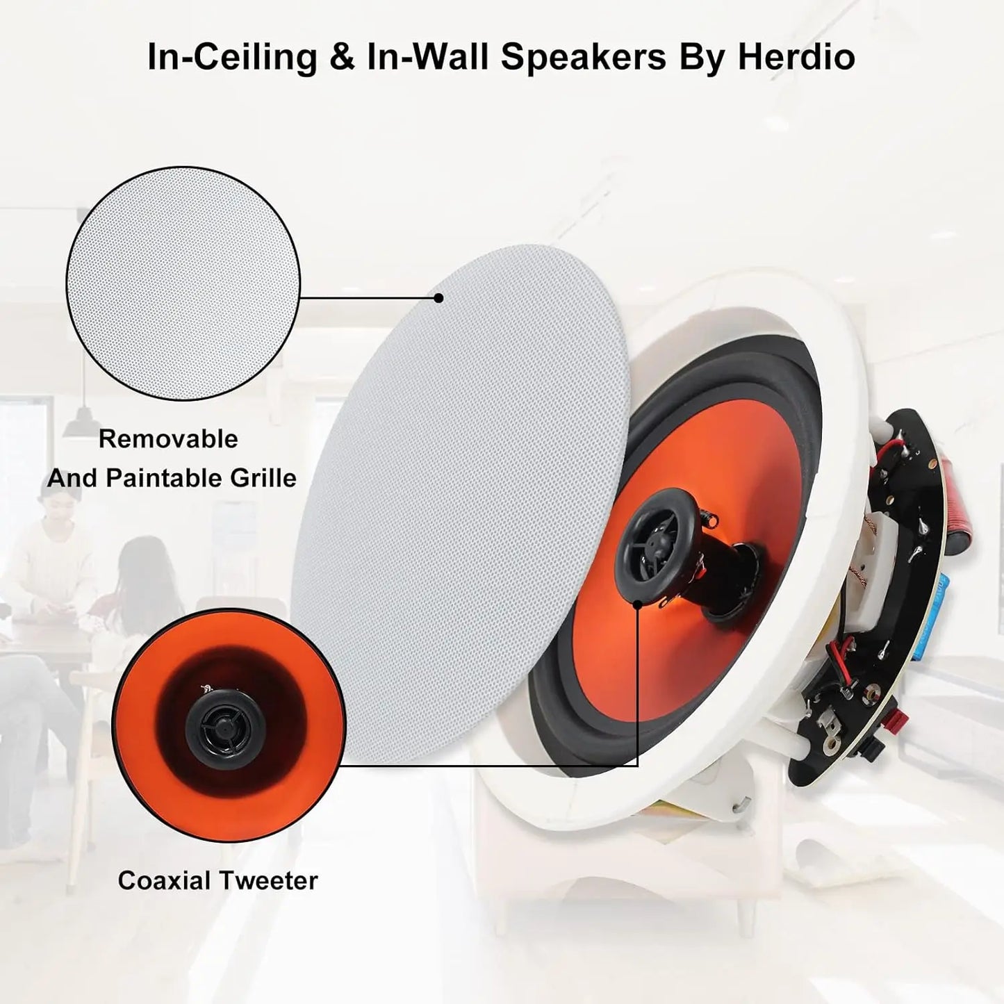 Herdio 6.5'' 4PCS Bluetooth In Ceiling Speakers 600W 2-Way Flush Mount Speakers System With Wall Amplifier Receiver For Bathroom