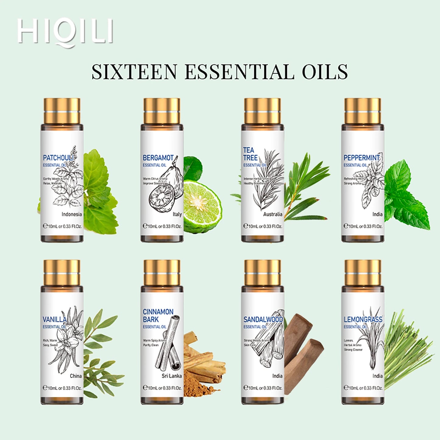 HIQILI 16 PCS 10ML Essential Oils Set Pure Lavender Eucalyptus Vanilla Jasmine Mint Rose Oil for Diffuser Humidifier and Candles