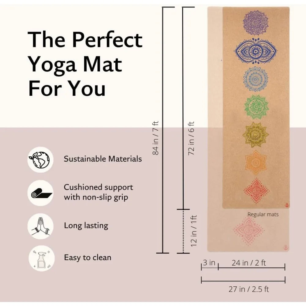 Chakra Cork Yoga Mat - Extra Long & Wide, Non Slip, Non Toxic, Great for Yoga, Pilates & Workout (84 x 27 x 2mm Thick)