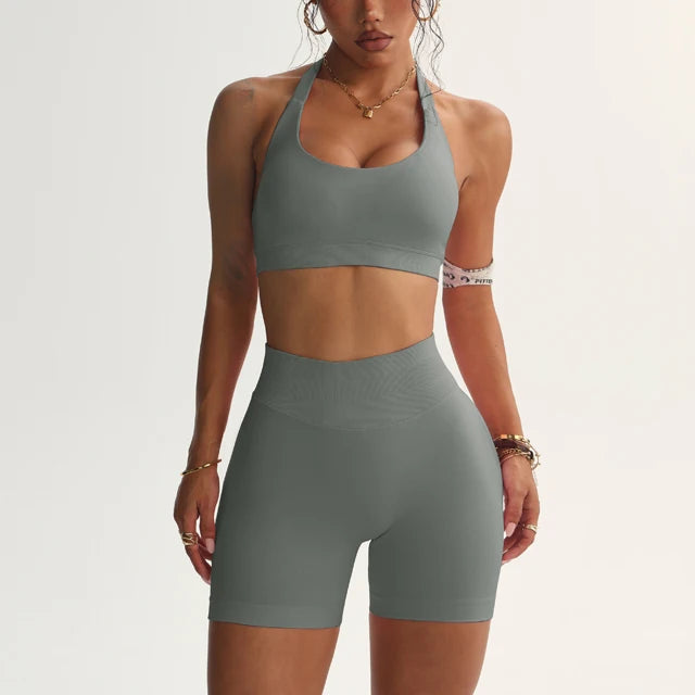 Shorts Set Seamless Yoga Set Women Halter Sports Bra Low Waist Scrunch Bum Gym Shorts 2 PCS Sports Suits Workout Clothes