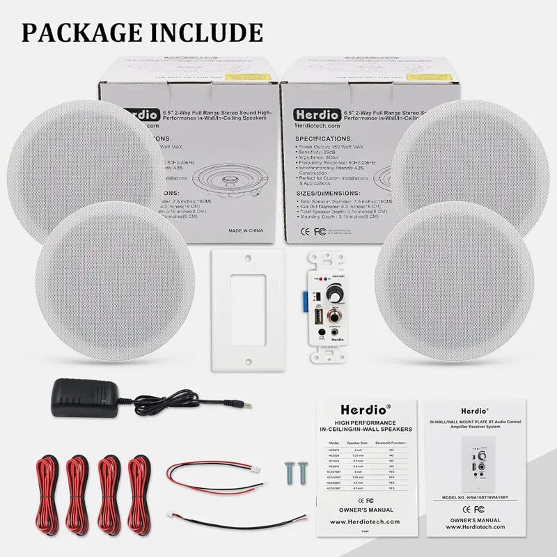 Herdio 6.5'' 4PCS Bluetooth In Ceiling Speakers 600W 2-Way Flush Mount Speakers System With Wall Amplifier Receiver For Bathroom