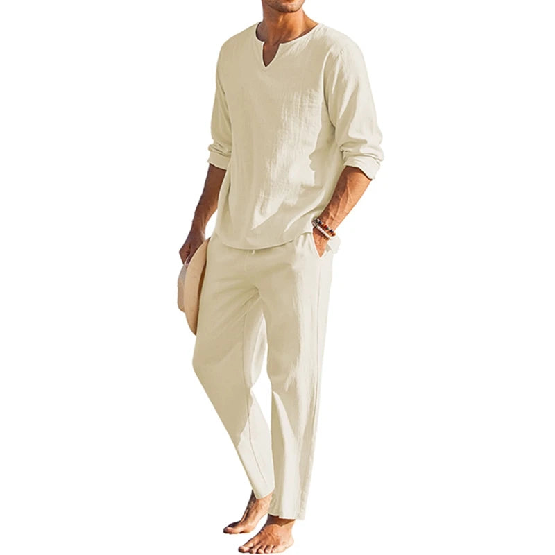 Men's Summer Cotton Linen Clothes Solid Color Long Sleeve Henley Shirt and Elastic Waist Drawstring Pants 2 Pieces Loungewear Set