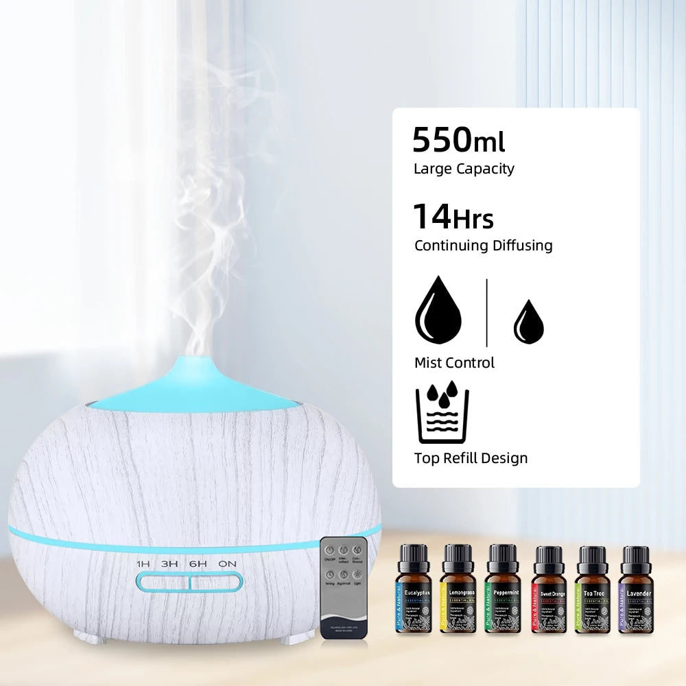 550ml Home Essential Oil Aroma Diffuser with Remote 7 LED Colors and 6 Oils Ultrasonic Humidifier