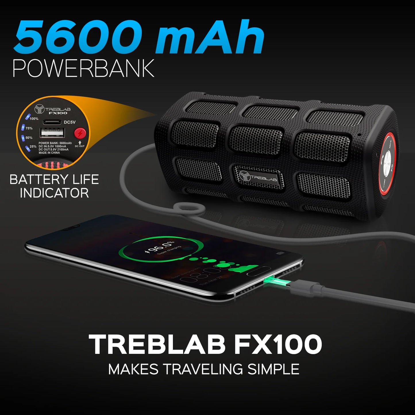 TREBLAB FX100 Bluetooth Portable Wireless Speaker Rugged Outdoors w/ Power Bank