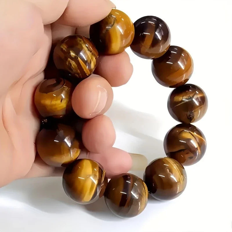 Elegant men's natural tiger's eye stone bracelet - high-quality large brown beads, stylish accessory, perfect gift