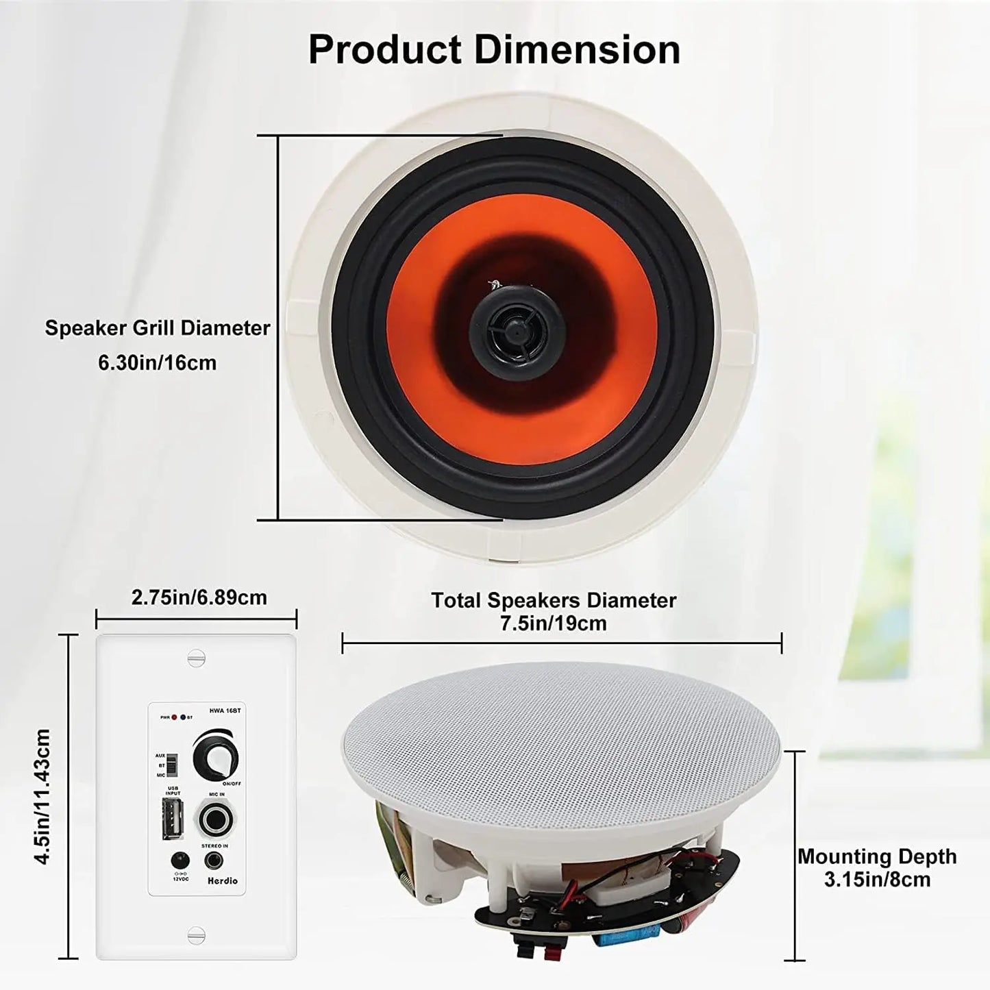 Herdio 6.5'' 4PCS Bluetooth In Ceiling Speakers 600W 2-Way Flush Mount Speakers System With Wall Amplifier Receiver For Bathroom