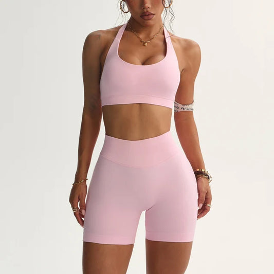 Shorts Set Seamless Yoga Set Women Halter Sports Bra Low Waist Scrunch Bum Gym Shorts 2 PCS Sports Suits Workout Clothes