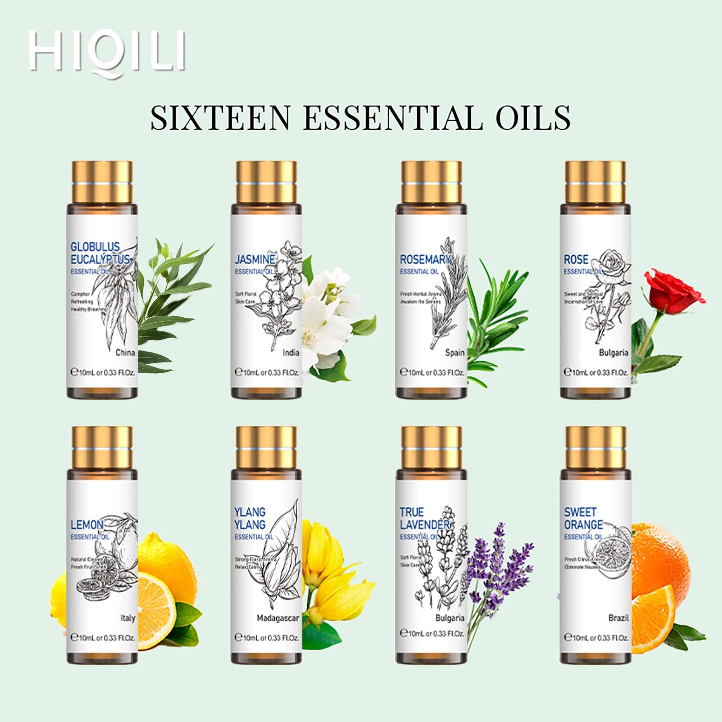 HIQILI 16 PCS 10ML Essential Oils Set Pure Lavender Eucalyptus Vanilla Jasmine Mint Rose Oil for Diffuser Humidifier and Candles