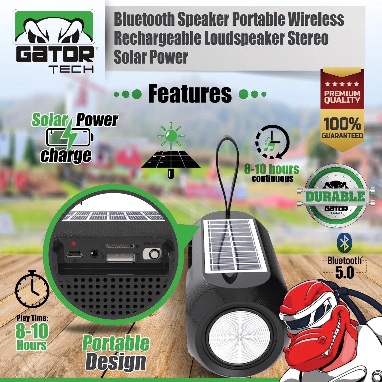 Solar Bluetooth Speaker Wireless Portable Power Stereo Bass USB SD FM Radio LOUD