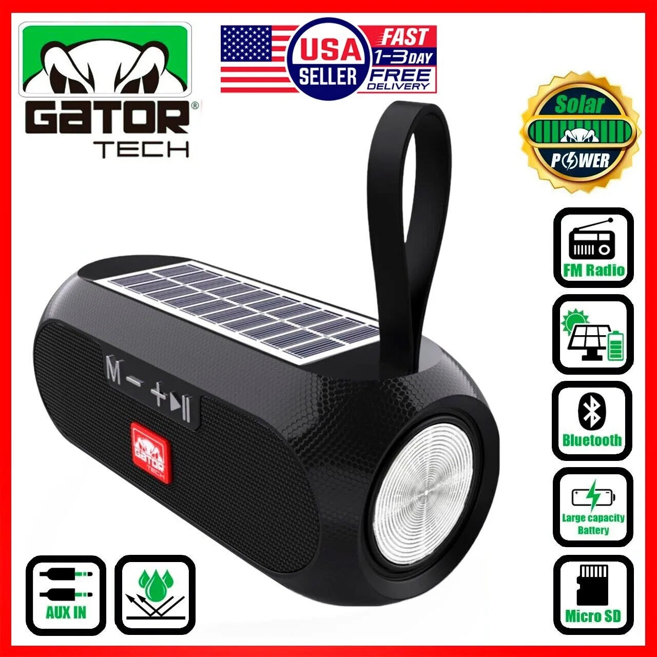 Solar Bluetooth Speaker Wireless Portable Power Stereo Bass USB SD FM Radio LOUD