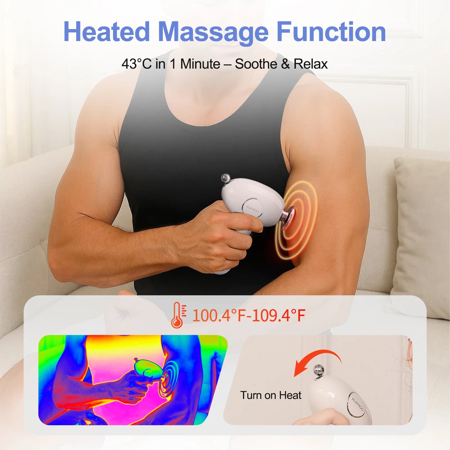 Massage Gun Deep Tissue, Mini Massager Gun with Heat, Handheld Percussion, 3 Interchangeable Heads & 4 Speeds Gift for Men,Women