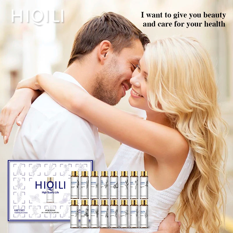 HIQILI 16 PCS 10ML Essential Oils Set Pure Lavender Eucalyptus Vanilla Jasmine Mint Rose Oil for Diffuser Humidifier and Candles