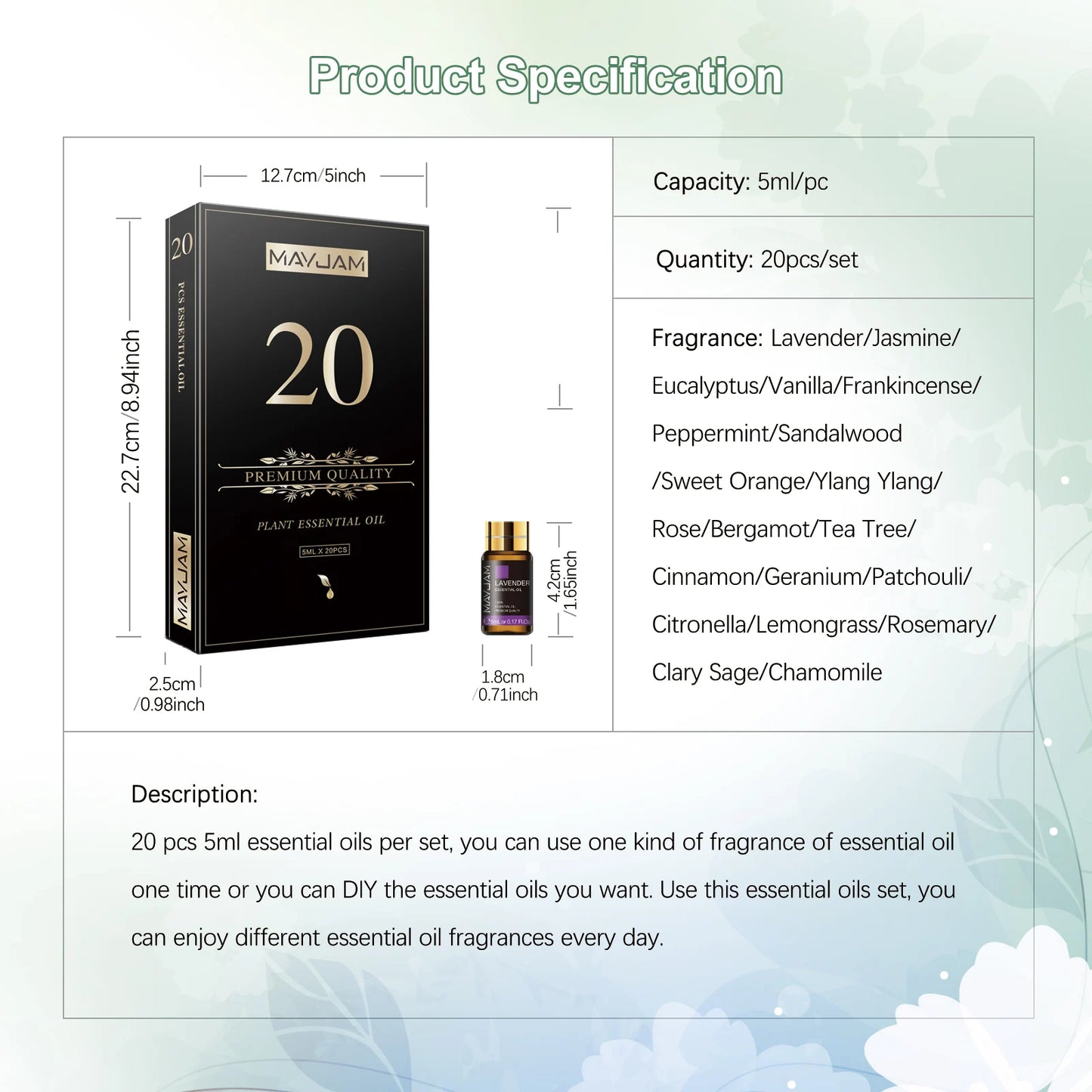 Mayjam 20 Bottles Essential Oils Kit Set Lavender Jasmine Eucalyptus Vanilla Sandalwood Sweet Orange Geranium Patchouli