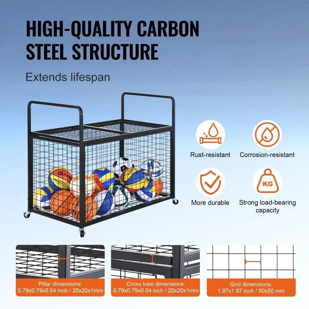 Lockable Rolling Sports Ball Storage Cart Double Lid Steel Organizer for Gym Garage Outdoor Use