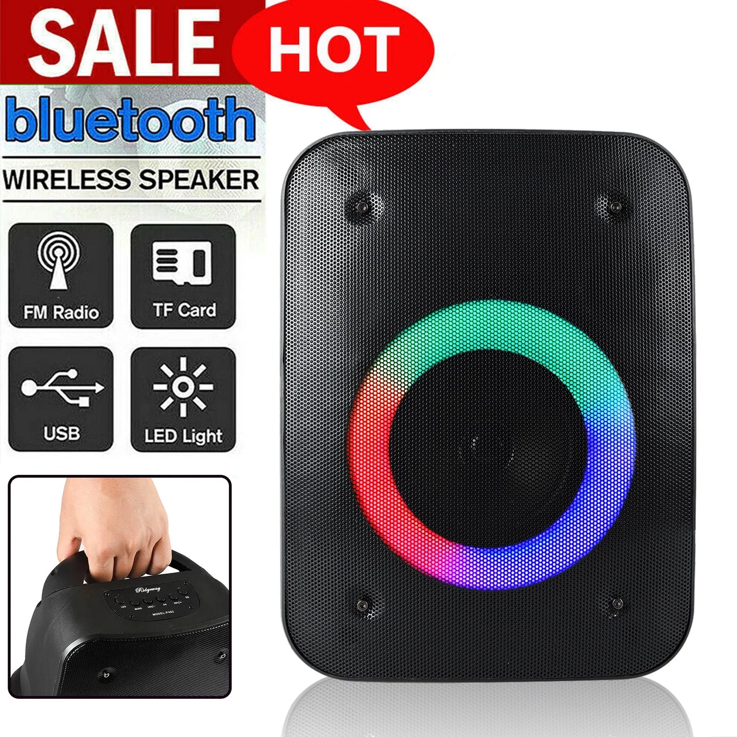 Portable 4'' Bluetooth Speaker AUX TF Card USB FM W/ LED Light For Xmas Party US
