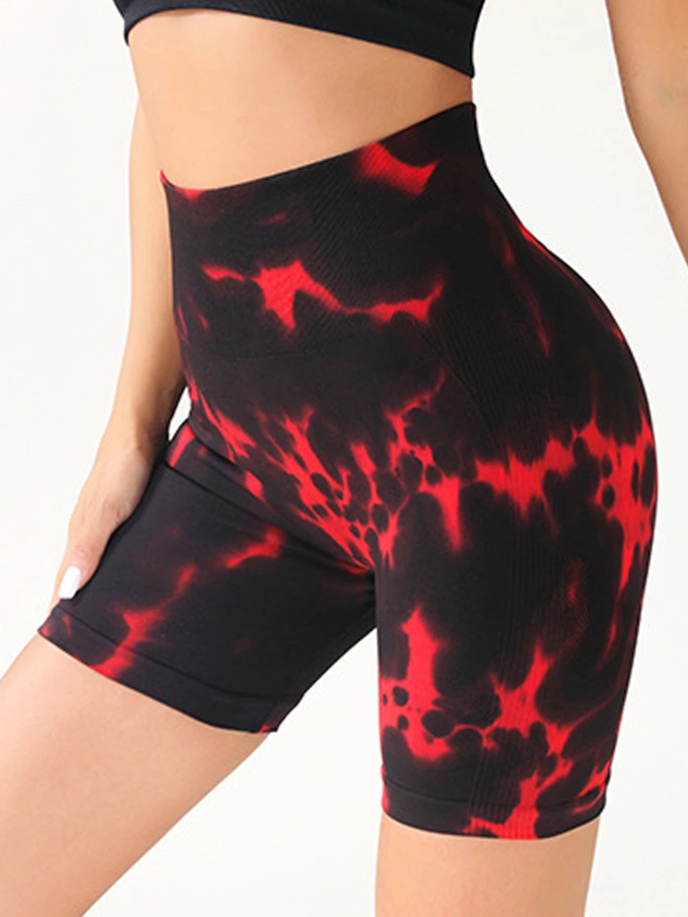 3 Pack US Local Red Tie-Dye High-Waisted Butt-Lifting Women's Sports Yoga Shorts Tummy Control Seamless Ruched Booty Shorts