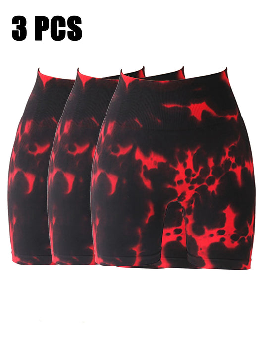 3 Pack US Local Red Tie-Dye High-Waisted Butt-Lifting Women's Sports Yoga Shorts Tummy Control Seamless Ruched Booty Shorts