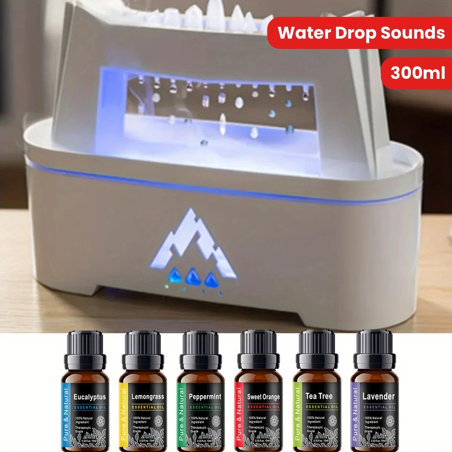 10.14oz Aroma Diffuser Cloud Rain Humidifier Essential Oil Diffuser Water Drop Sounds Flame/Blue Light Raindrop Humidifier For H