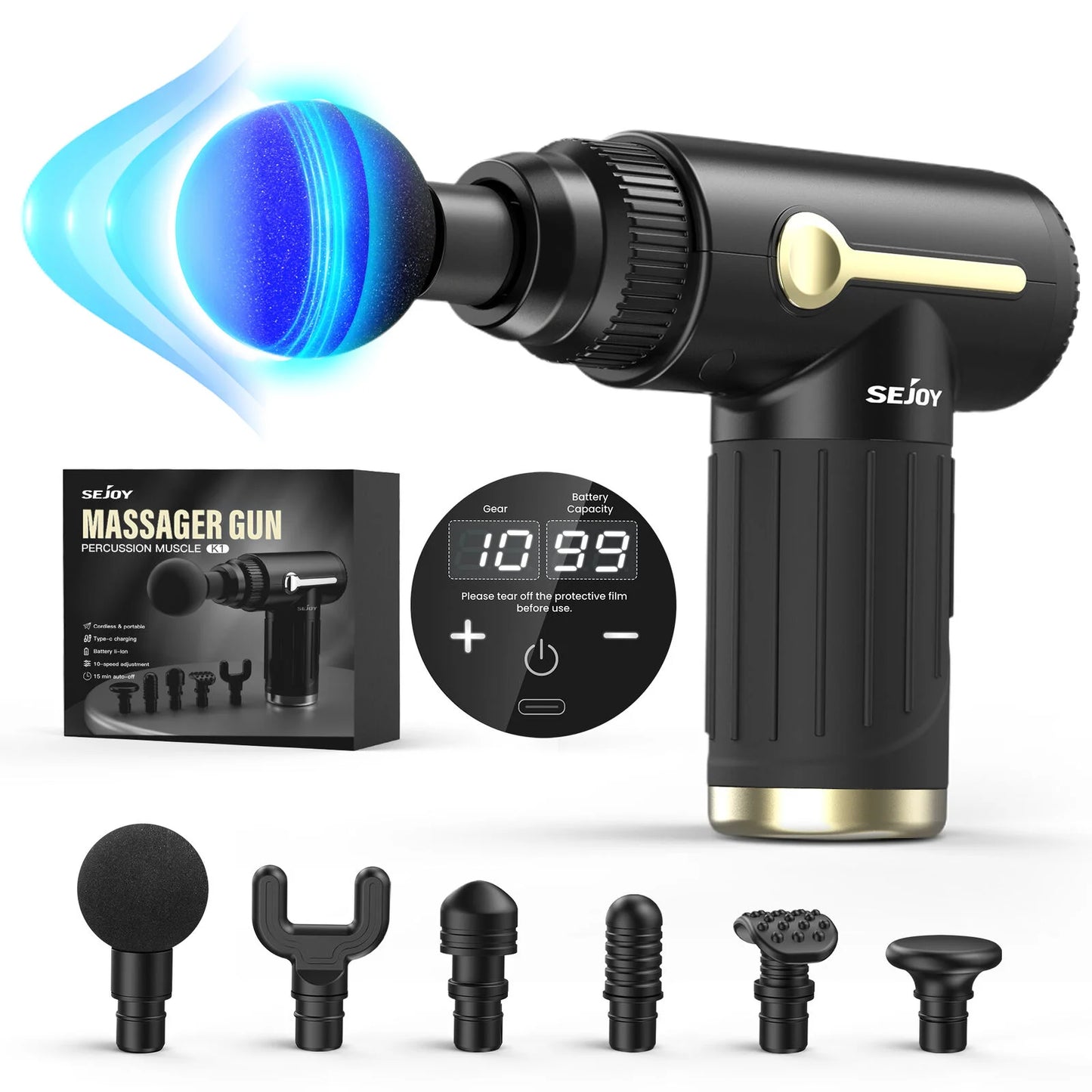 Sejoy Massage Gun Relaxation Deep Tissue Percussion Muscle Relax Massager 10 Speed 4 Heads