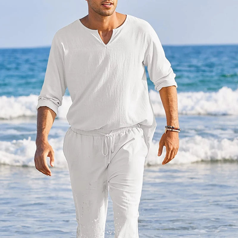 Men's Summer Cotton Linen Clothes Solid Color Long Sleeve Henley Shirt and Elastic Waist Drawstring Pants 2 Pieces Loungewear Set
