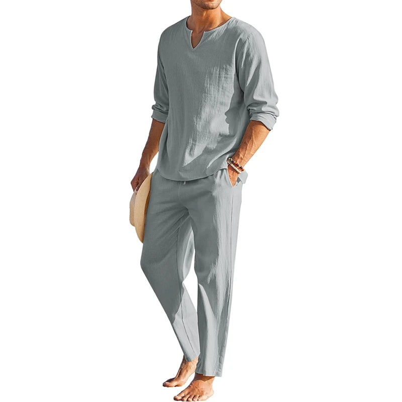 Men's Summer Cotton Linen Clothes Solid Color Long Sleeve Henley Shirt and Elastic Waist Drawstring Pants 2 Pieces Loungewear Set