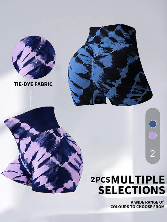 2 Pack US Local Womens Tie Dye V Back Yoga Biker Shorts Scrunch Butt Lifting Gym Seamless Booty Shorts