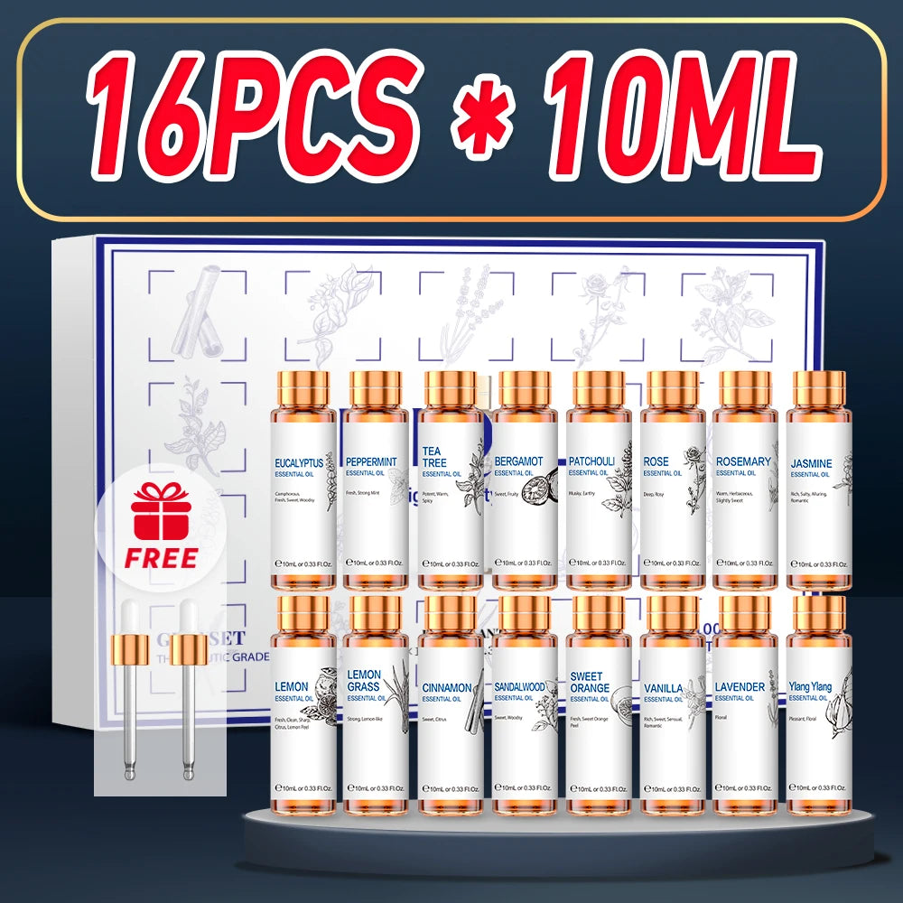 HIQILI 16 PCS 10ML Essential Oils Set Pure Lavender Eucalyptus Vanilla Jasmine Mint Rose Oil for Diffuser Humidifier and Candles