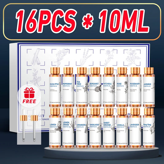 HIQILI 16 PCS 10ML Essential Oils Set Pure Lavender Eucalyptus Vanilla Jasmine Mint Rose Oil for Diffuser Humidifier and Candles