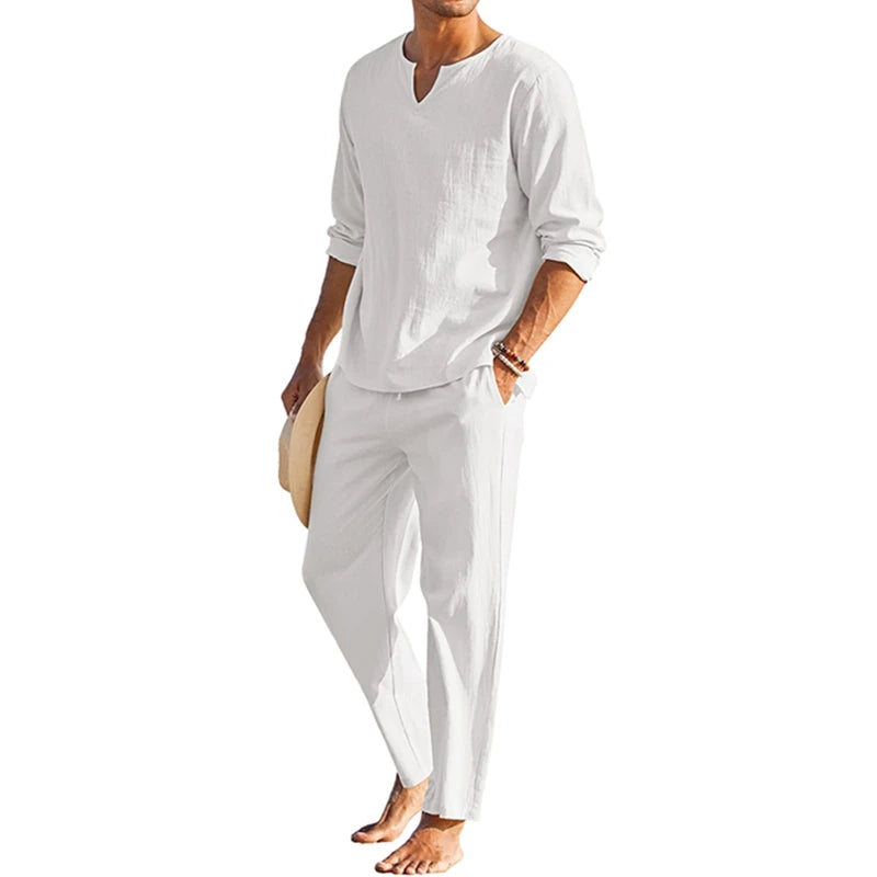 Men's Summer Cotton Linen Clothes Solid Color Long Sleeve Henley Shirt and Elastic Waist Drawstring Pants 2 Pieces Loungewear Set