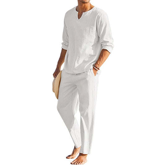 Men's Summer Cotton Linen Clothes Solid Color Long Sleeve Henley Shirt and Elastic Waist Drawstring Pants 2 Pieces Loungewear Set