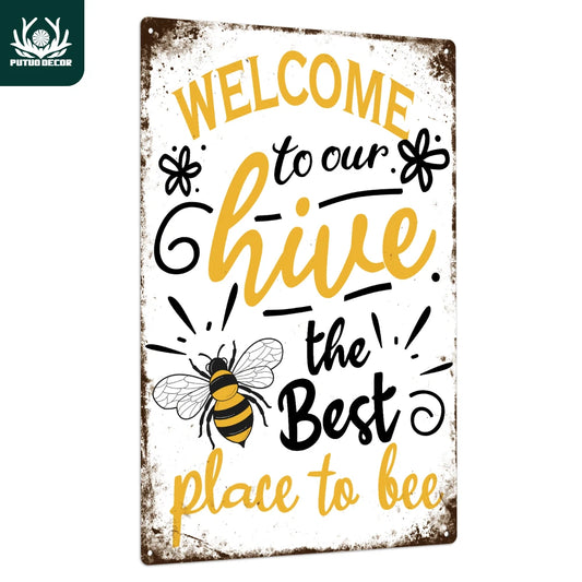 Putuo Decor Welcome Metal Signs Retro Bee Wall Art Decor