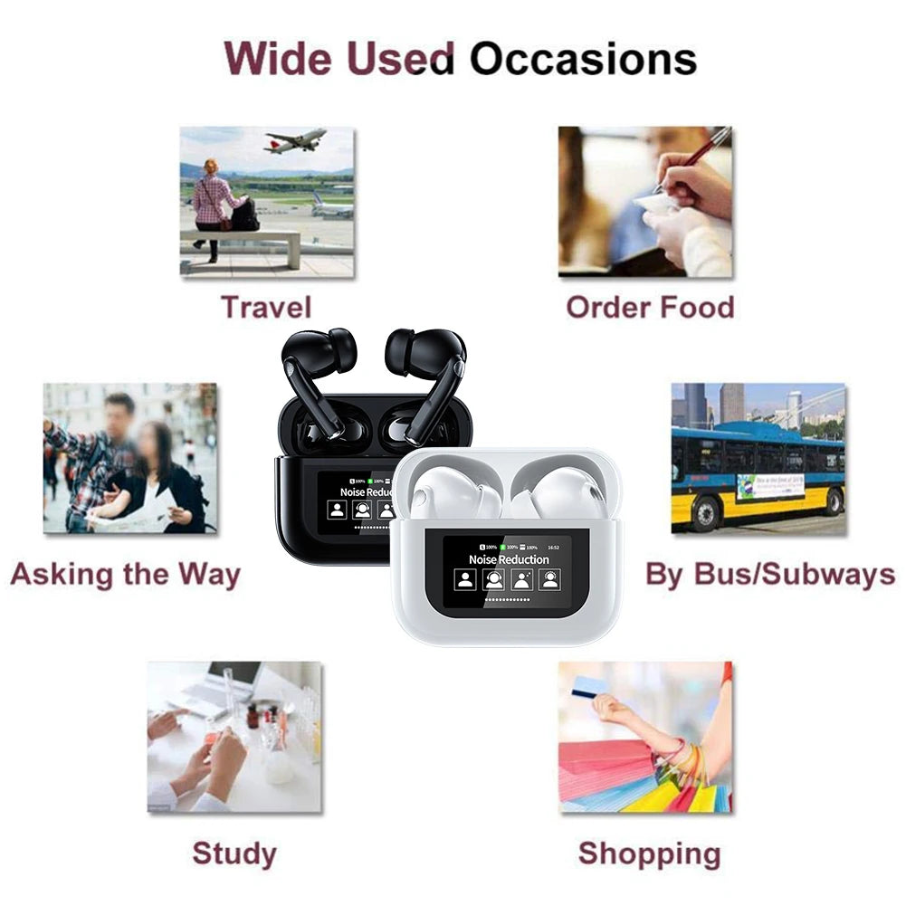 Wireless BT 5.4 Real Time Translator Earbuds ANC Noise Cancelling 144 Languages Translator Headset Smart Touch Screen Housing