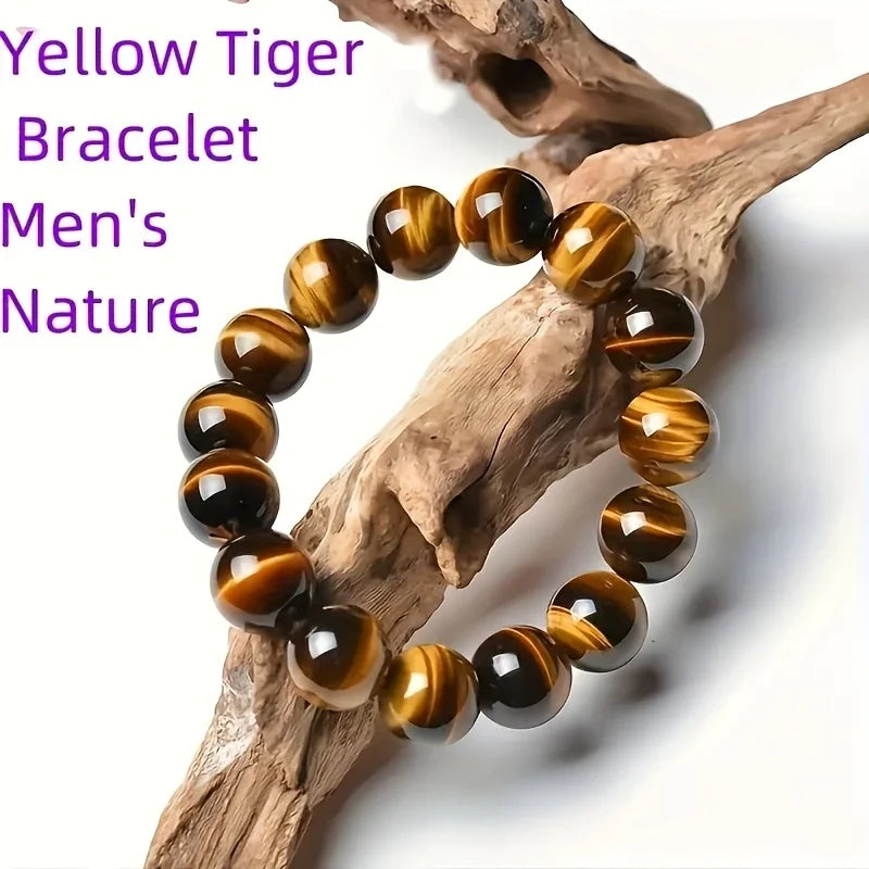 Elegant men's natural tiger's eye stone bracelet - high-quality large brown beads, stylish accessory, perfect gift