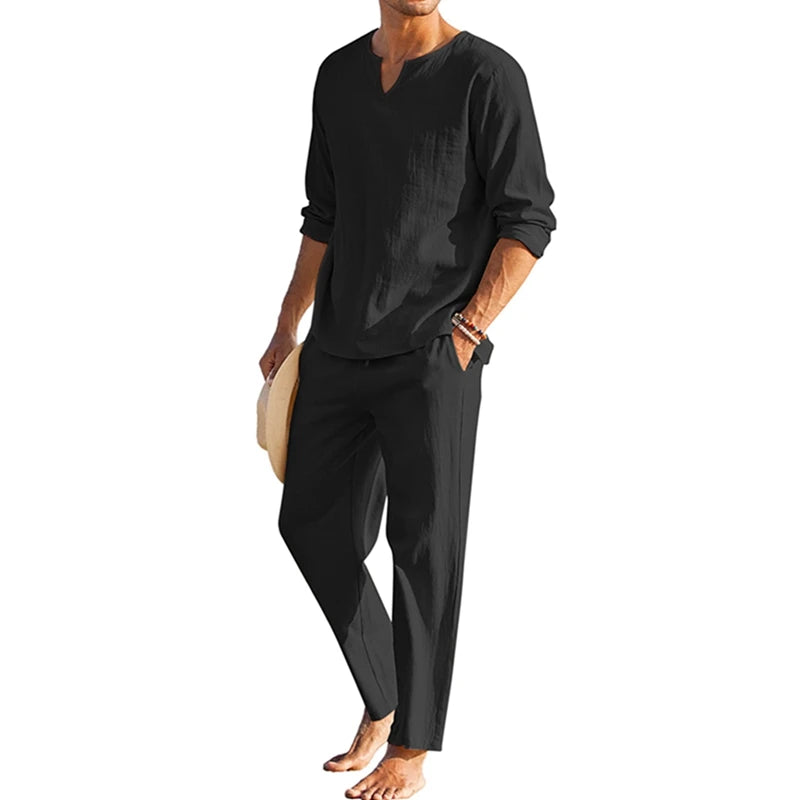 Men's Summer Cotton Linen Clothes Solid Color Long Sleeve Henley Shirt and Elastic Waist Drawstring Pants 2 Pieces Loungewear Set
