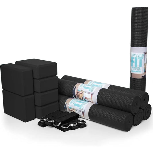 18 bags of classic yoga kits, 6 non-slip yoga MATS, 6 6-foot D-ring bands, and yoga accessories for school and studio