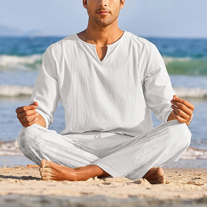 Men's Summer Cotton Linen Clothes Solid Color Long Sleeve Henley Shirt and Elastic Waist Drawstring Pants 2 Pieces Loungewear Set