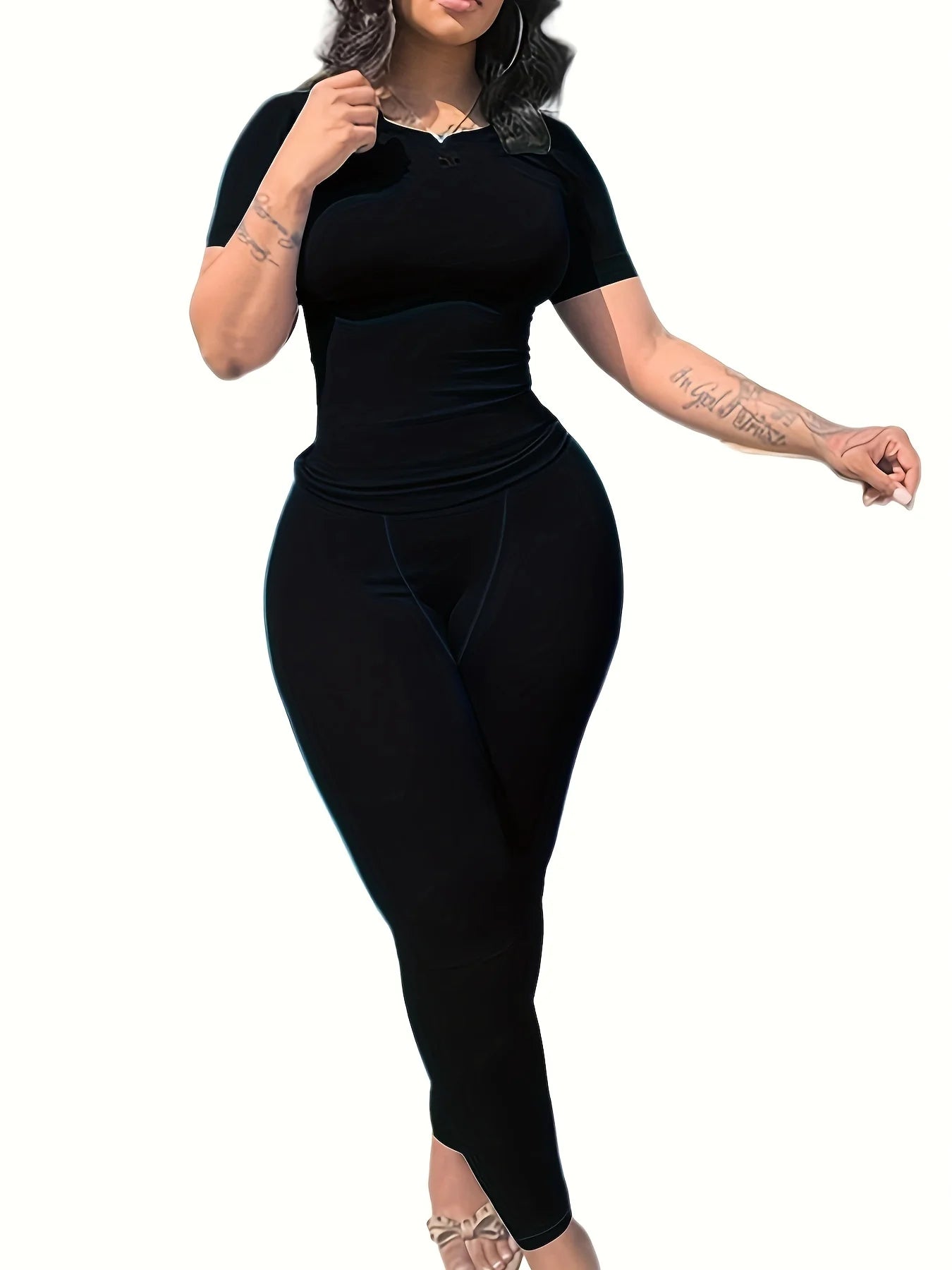 US STOCK | Casual Workout Sets Short Sleeve Two Piece Outfits For Women Ribbed Fitted Crew Neck T-shirt Matching Sets Streetwear