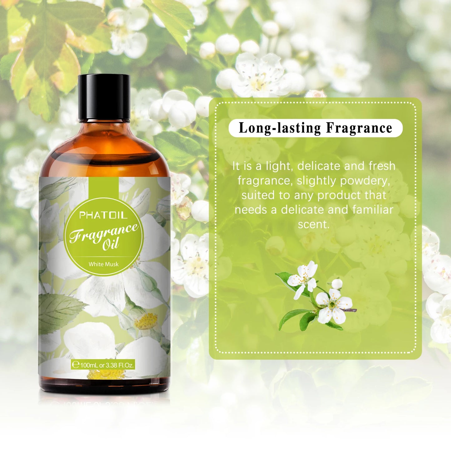 PHATOIL 100ml  White Musk Fragrance Essential Oil  Fresh Linen Honeysuckle Peach Orange Blossom for Aroma Candle Soap Making