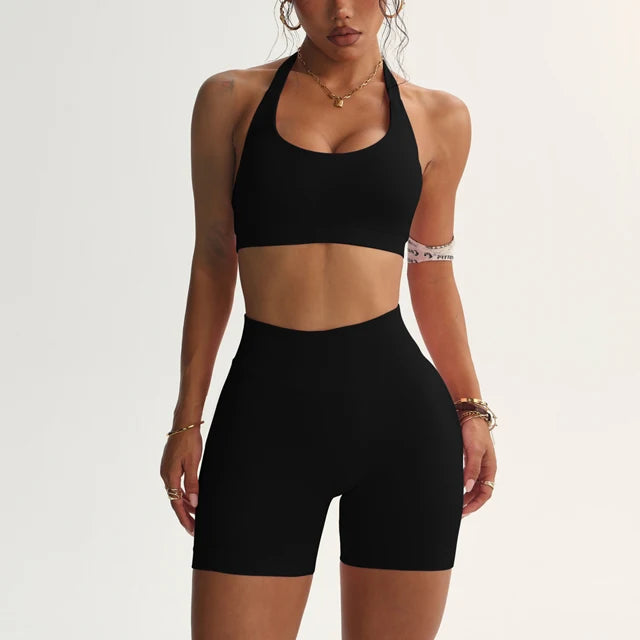 Shorts Set Seamless Yoga Set Women Halter Sports Bra Low Waist Scrunch Bum Gym Shorts 2 PCS Sports Suits Workout Clothes
