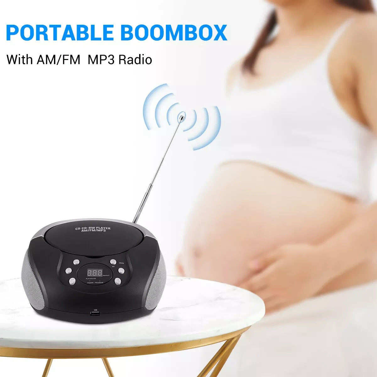 Portable CD Player Boombox with AM/FM Stereo Radio Bluetooth Speaker CD/USB/AUX
