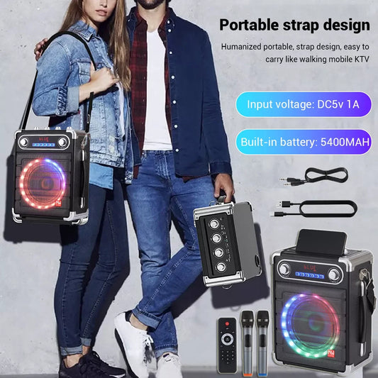 Karaoke Machine with 2 Wireless Microphones Portable Bluetooth Speaker Party LED